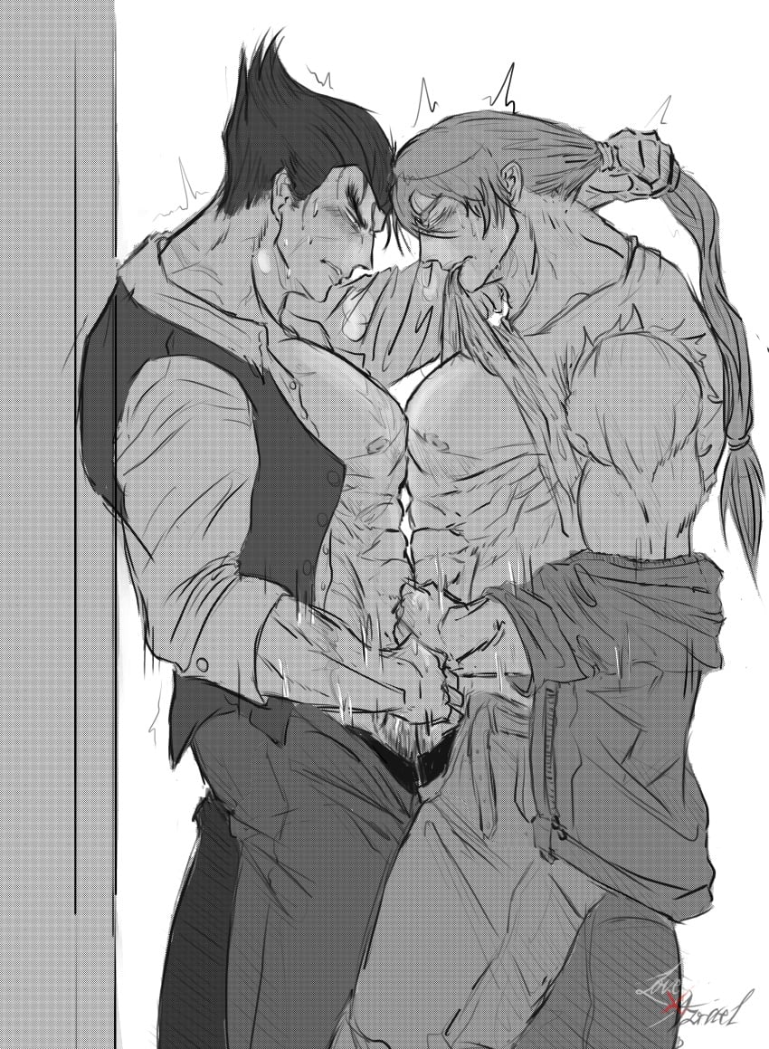 bara crossover double_handjob fatal_fury frottage handjob kazuya_mishima king_of_fighters lovexazrael male_only men_only monochrome pulling_hair shirt_lift snk super_smash_bros. tekken terry_bogard video_games yaoi