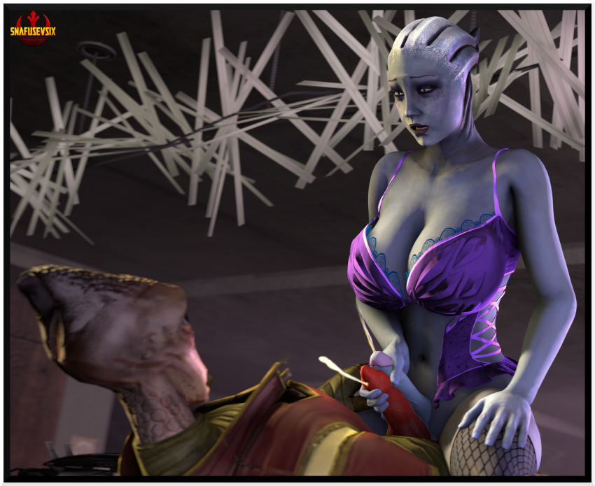 1boy 1futa 3d asari asari_futanari big_breasts big_penis blue-skinned_futanari blue_skin breasts_bigger_than_head clothed_sex cum cumshot duo ejaculation fishnets frottage futanari humanoid humanoid_on_humanoid interspecies liara_t'soni mass_effect masturbation salarian self_upload snafusevsix source_filmmaker