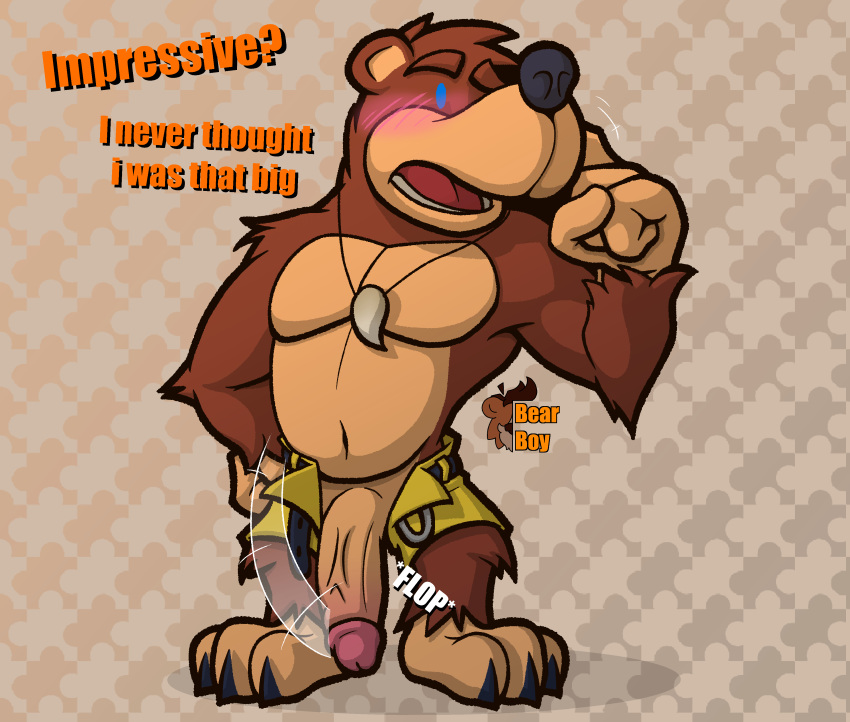 absurd_res banjo-kazooie banjo_(banjo-kazooie) bear blush bottomwear clothed clothing genitals hi_res humanoid_genitalia humanoid_penis lewdbearboy male male_only mammal open_shorts penis rareware shorts topless