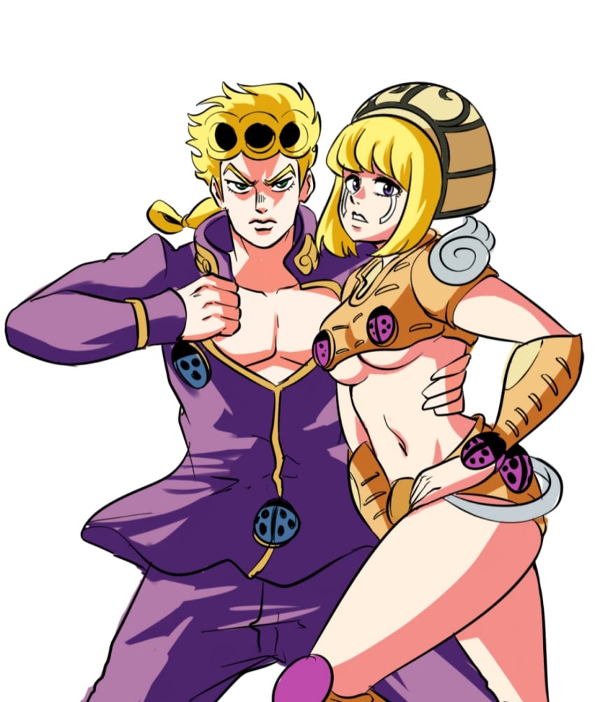 1boy 1girls blonde_hair blonde_hair_female blonde_hair_male breasts female giorno_giovanna gold_experience humanoid jojo's_bizarre_adventure looking_at_viewer male purple_eyes purple_eyes_female rule_63 shounen_jump stand_(jjba) tinafate1 vento_aureo white_background