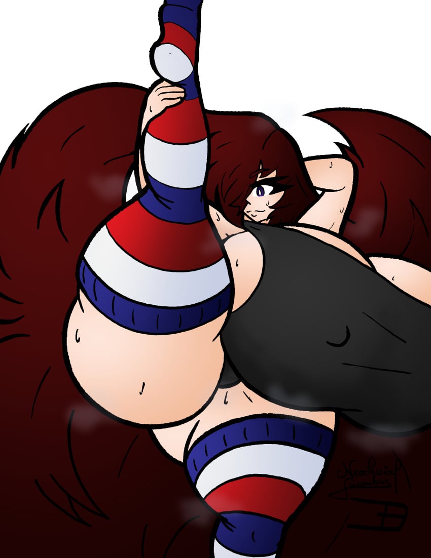 female fluffy_hair giantess hair_covering_eye huge_ass huge_breasts huge_hair huge_thighs hyper hyper_ass hyper_breasts hyper_thighs joan_(neoclassical_succubus) macro neoclassical_succubus one_eye_covered one_leg_raised one_leg_up purple_eyes stretching stretching_legs tagme thick_thighs