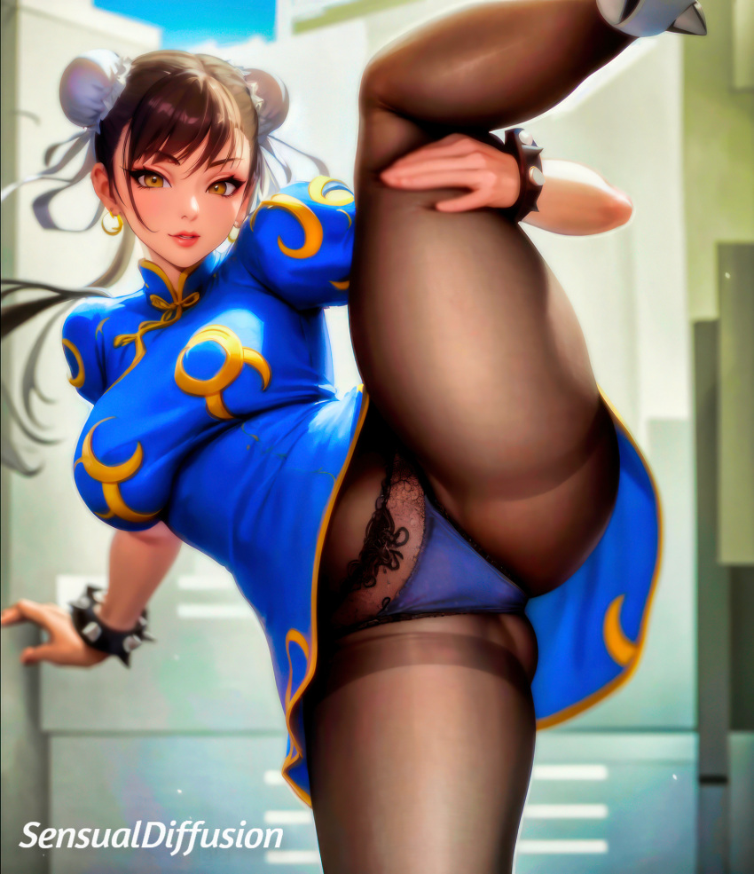 2d ai_generated blue_dress bracelet breasts brown_hair capcom china_dress chinese_clothes chun-li double_bun dress earrings fanart female high_kick large_breasts leg_up legwear looking_at_viewer makeup panties pantyhose pinup short_sleeves solo standing_on_one_leg street_fighter thighs underwear video_games