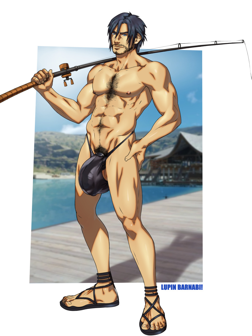 balls bara big_balls big_bulge big_penis bulge chest_hair cock_ring facial_hair final_fantasy final_fantasy_xv fishing_rod flaccid lupin_barnabi male male_only muscles muscular noctis_lucis_caelum penis sandals solo solo_male thong