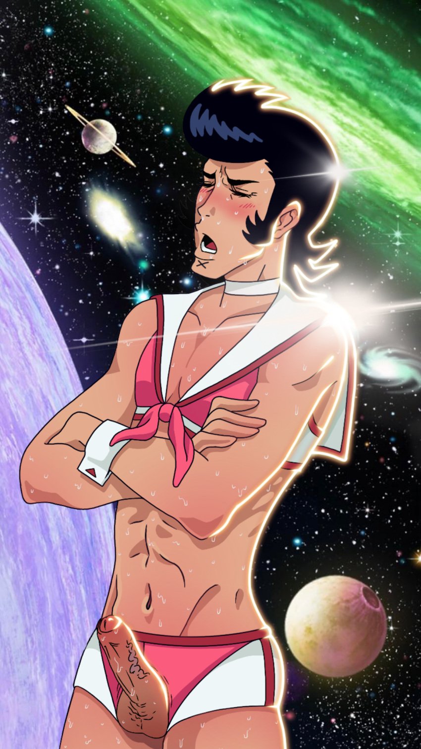 1boy anime arms_crossed balls belly_button blush blushing_male closed_eyes costume_switch crossdressing crossdressing_male dandy_(space_dandy) erect_penis erection femboy foreskin gasping gay male male_only muscles penis penis_out pleasured_face pompadour solo_focus solo_male space space_dandy sweat sweatdrops tagme tight_clothing uncut veiny_penis yaoi