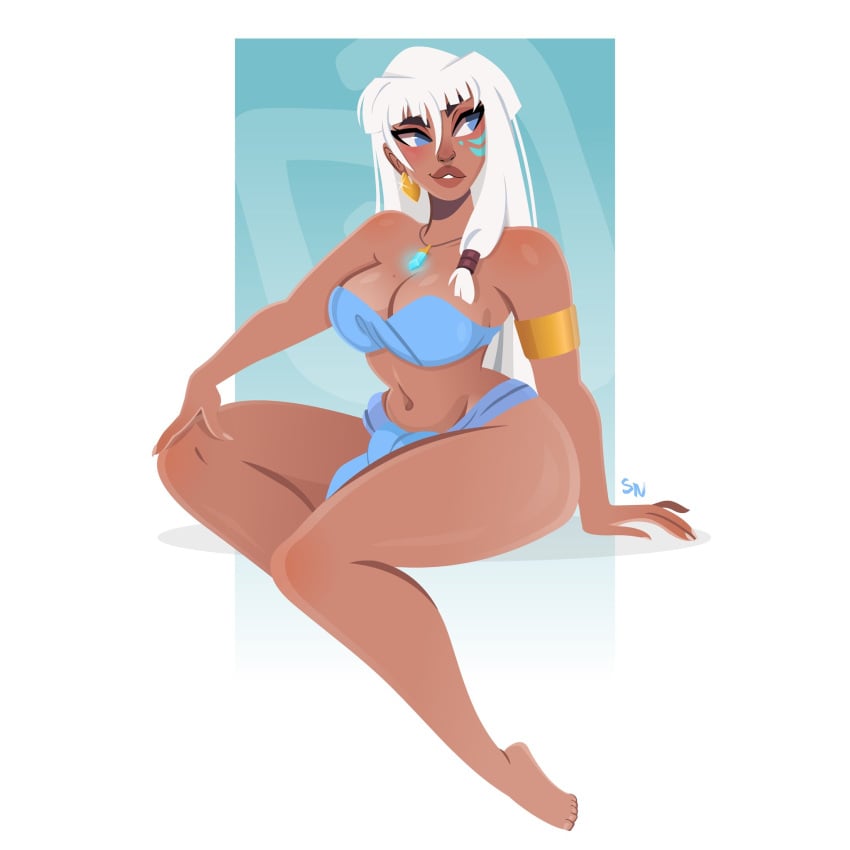 2022 armband atlantis:_the_lost_empire big_thighs blue_eyes breasts cleavage crystal_necklace disney earring kida large_thighs long_hair long_white_hair looking_at_viewer mole_on_breast necklace nightlyneu sitting thick_thighs thunder_thighs thunderthighs white_hair