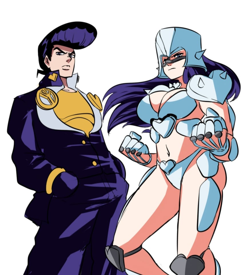 1boy 1girls bikini bikini_armor breasts clothed_male crazy_diamond diamond_is_unbreakable female humanoid jojo's_bizarre_adventure josuke_higashikata light-skinned_female light_skin male rule_63 shounen_jump stand_(jjba) tinafate1 white_background