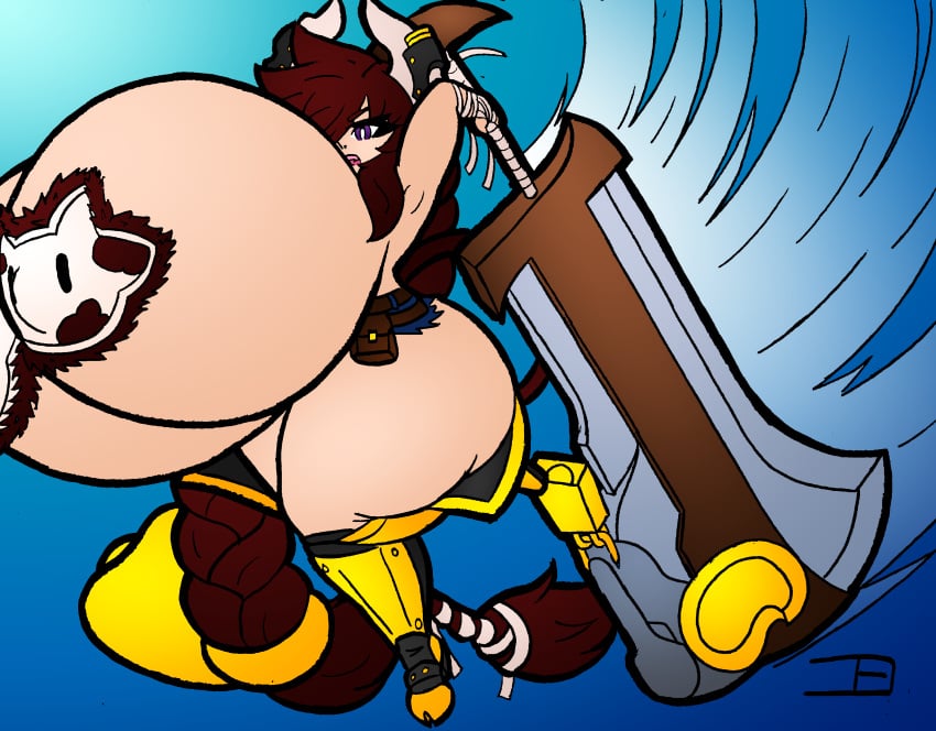 bovine cow_ears cow_girl cow_horns cow_tail cowgirl female fluffy_hair giantess hair_covering_eye huge_ass huge_breasts huge_hair huge_thighs hyper hyper_ass hyper_breasts hyper_hair hyper_thighs joan_(neoclassical_succubus) macro neoclassical_succubus one_eye_covered purple_eyes sword tagme thick_thighs