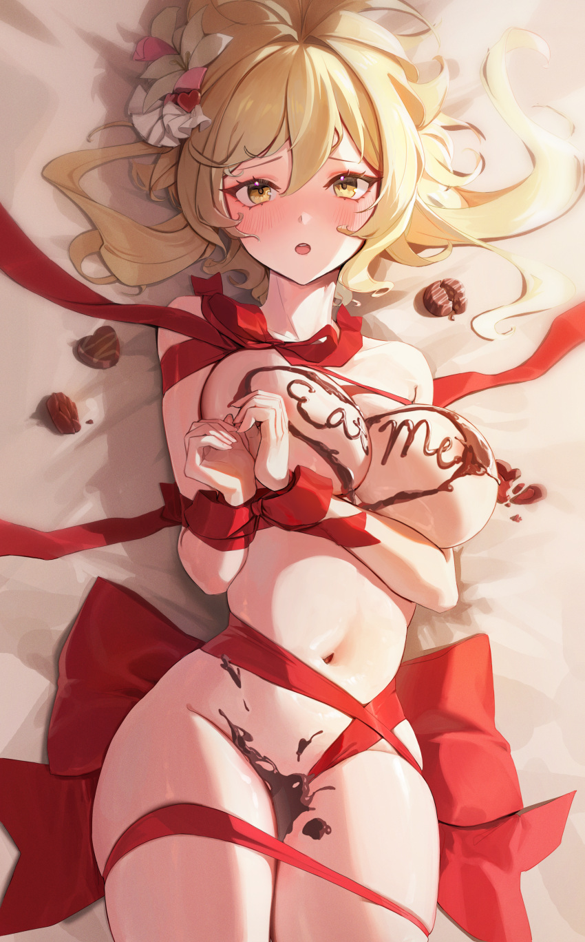 1girls blonde_hair breasts chochomi chocolate chocolate_on_breasts female female_only genshin_impact looking_at_viewer lumine_(genshin_impact) nipples nude nude_female seductive valentine's_day