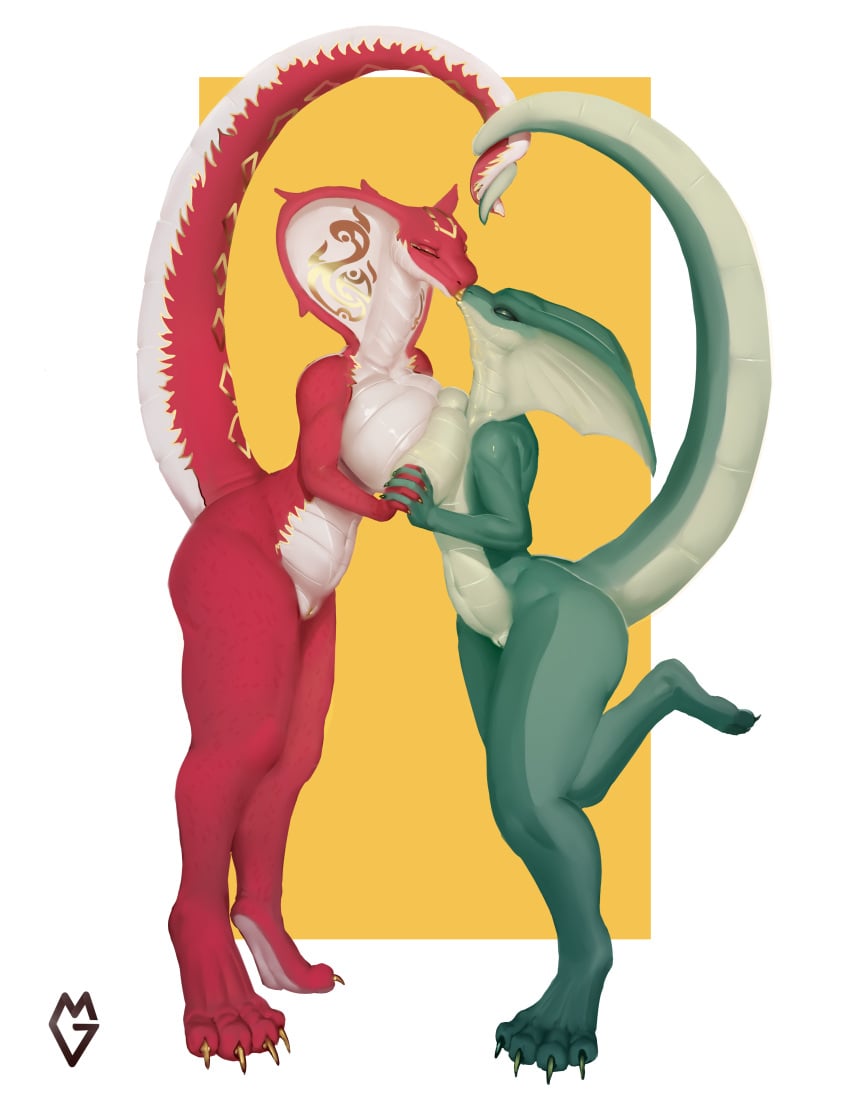 absurd_res anthro ass big_breasts breast_size_difference breast_squish breasts closed_eyes cobra digitigrade duo entwined_tails female female/female fingers french_kissing fur genitals gold_markings goldmikun green_body green_scales hi_res interlocked_fingers kissing markings non-mammal_breasts nude pussy red_body red_scales reptile scales scalie simple_background snake snake_hood snake_hood_markings squish tail tail_coil thick_thighs white_background white_body white_scales zivvles