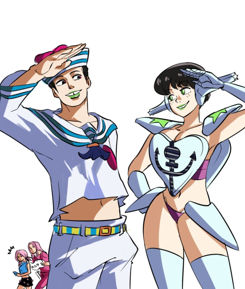 2boys 2girls breasts clothed_male female green_lipstick human humanoid jojo's_bizarre_adventure jojolion josuke_higashikata_(jojolion) light-skinned_female light_skin paisley_park panties rule_63 shounen_jump soft_&_wet stand_(jjba) tinafate1 yasuho_hirose