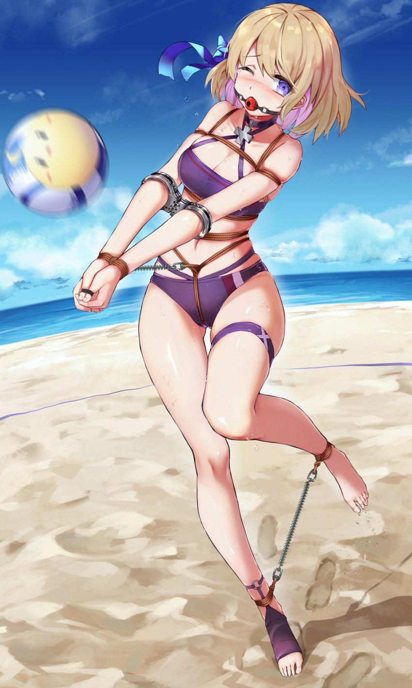 1girls arm_cuffs arms_tied azur_lane ball_gag beach beach_volleyball bikini blonde_hair bondage bound bound_thumbs breasts chains choker clouds collar crotch_rope female female_only femsub fully_clothed gag gagged haimei1980 hair_ribbon hobble large_breasts legs_tied midriff navel ocean one_eye_closed outside playing_sports purple_bikini purple_eyes purple_swimsuit revealing_clothes rope rope_bondage sand short_hair sky swimsuit thigh_strap thumbs_tied volleyball water z23_(azur_lane)