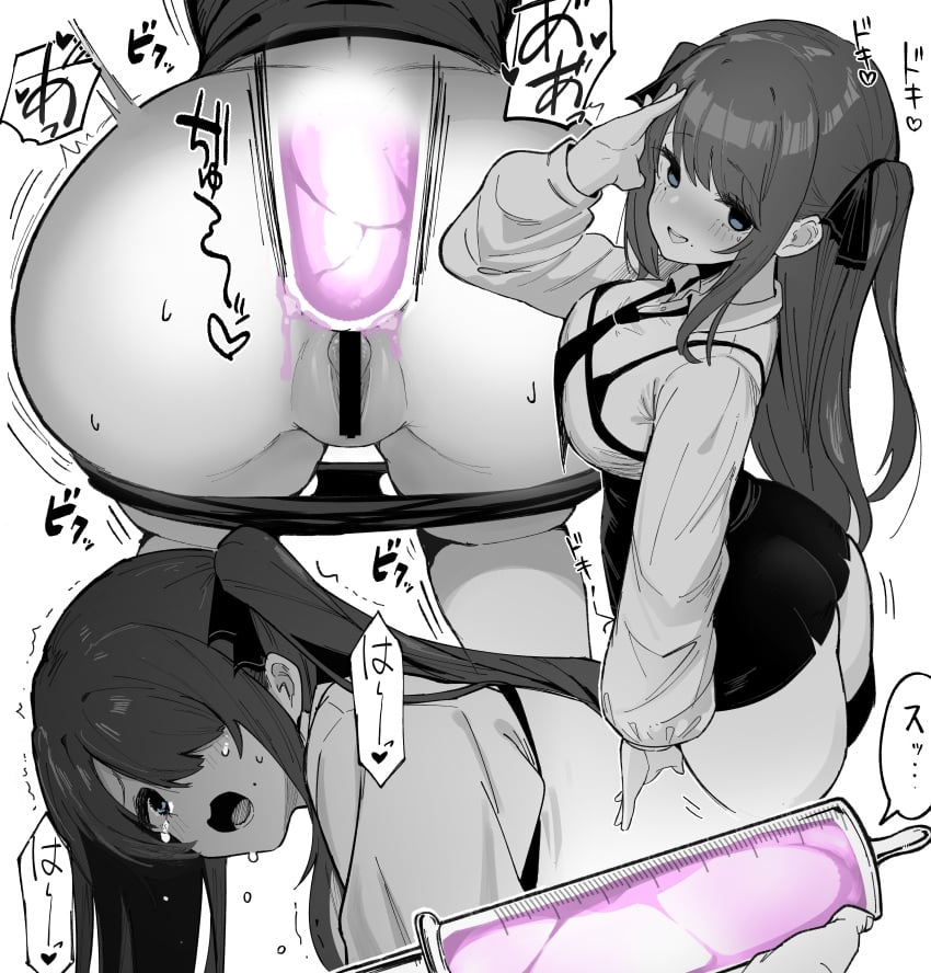 1girls absurdres all_fours alternate_breast_size anal anal_object_insertion ass bar_censor blue_eyes blush breasts censored collared_shirt commentary cropped_legs crying crying_with_eyes_open dress_shirt enema female freedom_nakai goddess_of_victory:_nikke greyscale hair_over_one_eye hair_ribbon highres long_hair long_sleeves looking_at_viewer looking_back medium_breasts miniskirt moaning mole mole_under_eye mole_under_mouth monochrome motion_lines multiple_views necktie object_insertion open_mouth paid_reward_available panties panty_pull pencil_skirt pussy ribbon salute shirt shirt_tucked_in sidelocks simple_background skirt smile sound_effects spot_color sweat syringe tears trembling two_side_up underwear white_background wing_collar yuni_(nikke)