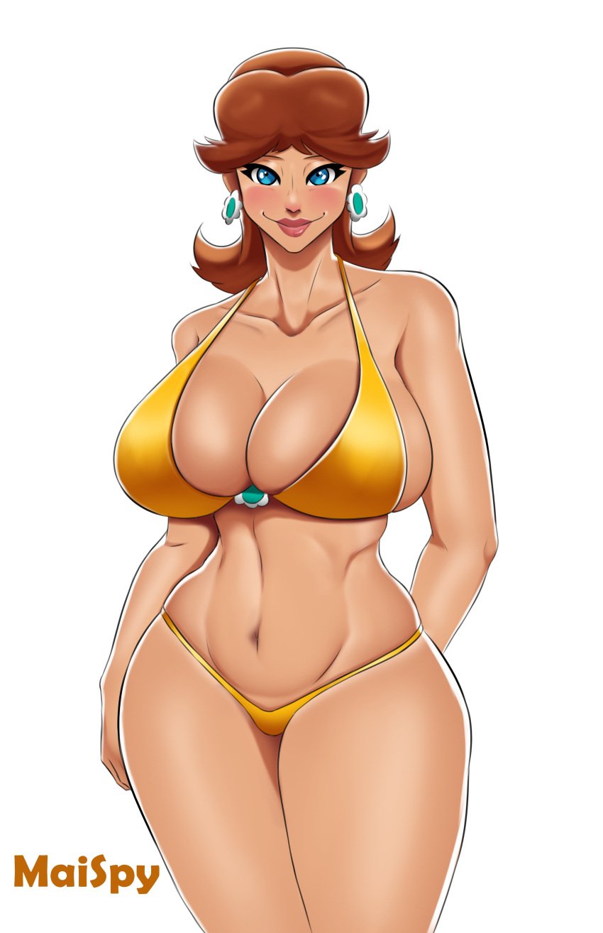 1girls big_breasts big_lips bikini bikini_bottom bikini_top blue_eyes blush breasts brown_hair cleavage ear_piercing earrings female female_only flower_earrings hair hips huge_breasts lips lipstick maispy mario_(series) nintendo orange_bikini princess_daisy smile solo solo_female thick_lips thick_thighs thighs