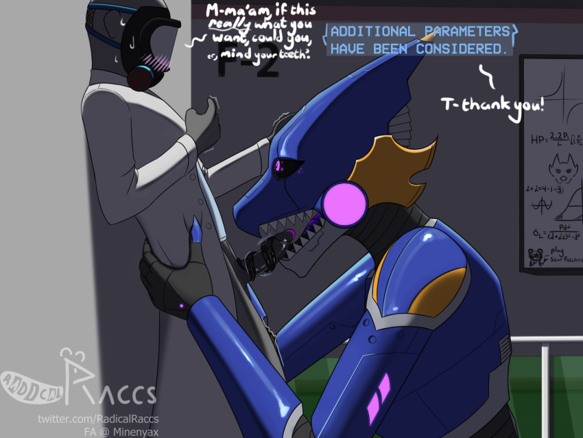 4:3 anthro asuri_(brawlhalla) big_dom_small_sub blue_body blush brawlhalla clothed clothing coat dialogue dominant dominant_female duo english_text faceless_character faceless_male felid feline female gas_mask genital_danger_play glowing glowing_eyes grey_body hi_res holding_partner human human_penetrating lab_coat larger_female long_tongue machine male male/female mammal mask motion_lines partially_clothed questionable_consent robot robot_girl sharp_teeth size_difference solidsyfi story story_in_description teeth text tongue tonguejob topwear