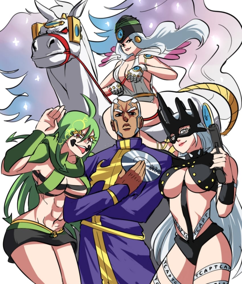 1boy 3girls c-moon_(jjba) enrico_pucci green_hair gun harem horse jojo's_bizarre_adventure made_in_heaven rule_63 stand_(jjba) stone_ocean tinafate1 tongue_out white_hair whitesnake