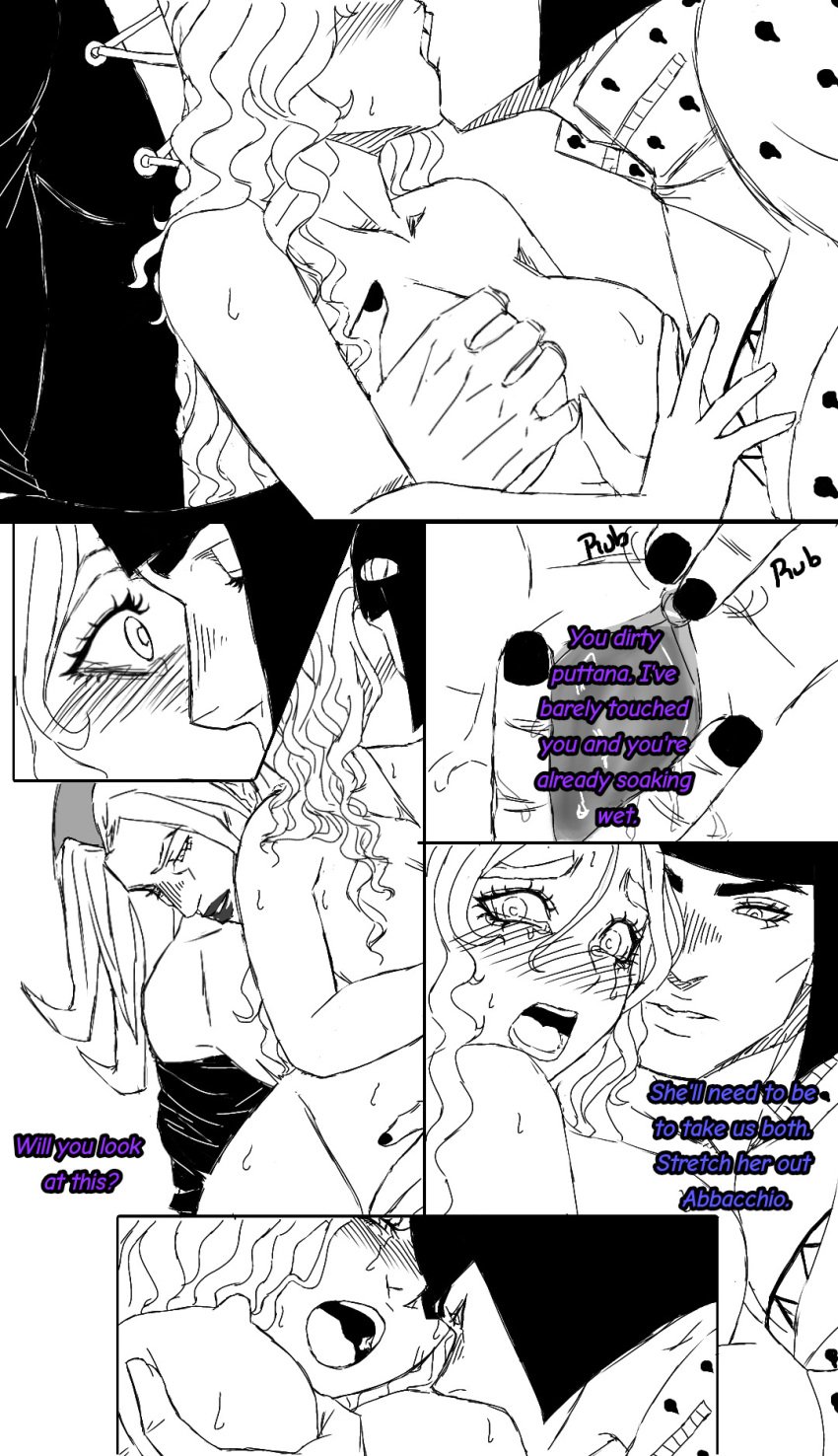 1girls 2boys alpha_male blush breast_grab bruno_buccellati clitoral_stimulation clitoris female jojo's_bizarre_adventure kissing leone_abbacchio long_hair long_hair_male male mmf_threesome original_character pussy rape tagme threesome vento_aureo wet_pussy whimsyvixen