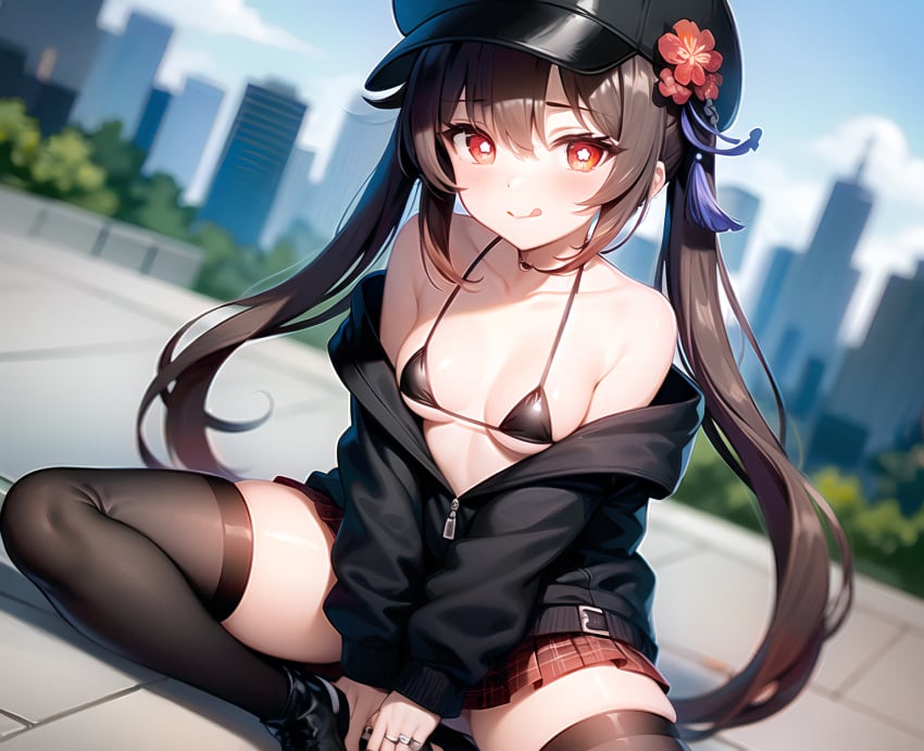 1girls ai_generated bikini breasts brown_eyes brown_hair genshin_impact hat hu_tao_(genshin_impact) ring skirt small_breasts symbol-shaped_pupils thighhighs unajyu