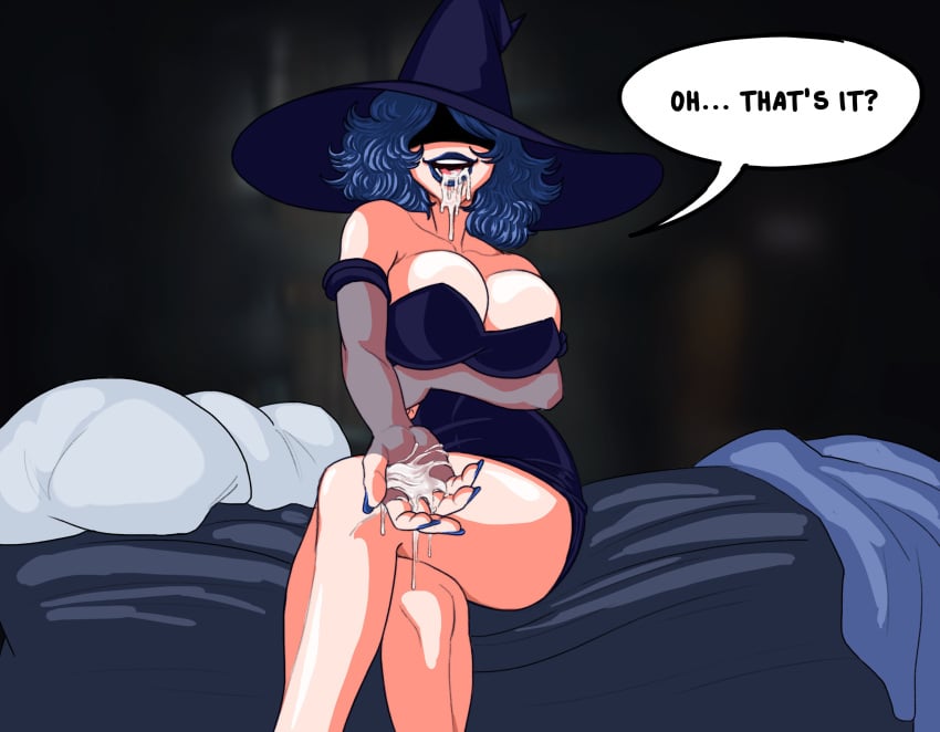 1girls after_oral bed blue_hair blue_lipstick blue_nails cleavage cleavage_overflow cordelia_valentine crossed_legs cum cum_in_hands cum_in_mouth dead_estate english_text female large_breasts lipstick on_bed open_mouth ratopombo solo solo_female speech_bubble text witch_hat