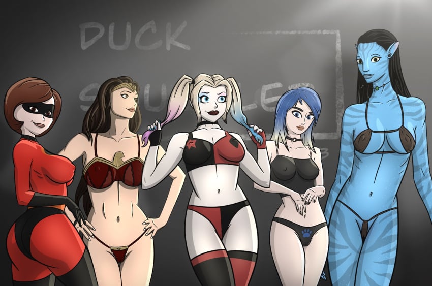 2d 2d_(artwork) 5girls alien alien_girl avatar batman_(series) black_g-string black_panties black_thong black_thong_panties crossover dc dc_comics dc_extended_universe diana_prince disney duck_smuggler elastigirl eve_(summertime_saga) female female_only g-string gal_gadot harley_quinn harley_quinn_(2019) harley_quinn_(series) helen_parr human multiple_girls na'vi neytiri panties pixar smooth_skin summertime_saga the_incredibles thong thong_panties thong_underwear underwear wonder_woman wonder_woman_(dceu) wonder_woman_(series) wonder_woman_1984