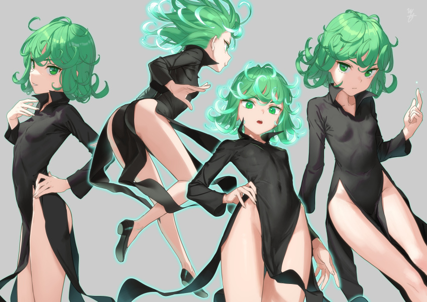 1girls ass bangs black_dress breasts collared_dress covered_navel curly_hair different_angles different_poses dress female_only flipped_hair glowing green_eyes green_hair hand_on_hip kawakami_rokkaku long_sleeves looking_at_viewer one-punch_man petite side_slit simple_background small_breasts smile solo solo_female tagme tatsumaki thighs