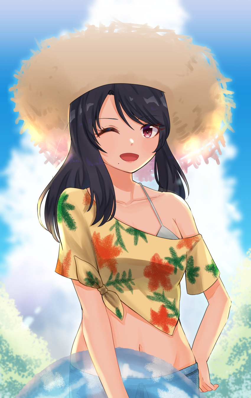 1girls alternate_skin_color bikini bikini_under_clothes black_hair blue_shorts breasts brown_eyes clouds hat holding_innertube innertube long_hair looking_at_viewer medium_breasts midriff mole mole_under_mouth mukawarimo navel nintendo outside sharla_(xenoblade) shirt shorts sky straw_hat swimsuit swimsuit_under_clothes tied_shirt white_bikini white_swimsuit winking xenoblade_(series) xenoblade_chronicles yellow_shirt