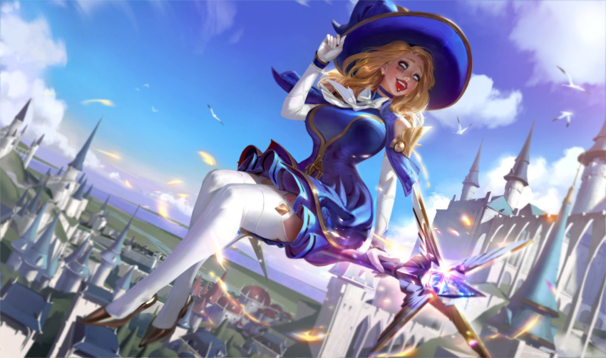 3rd_party_edit alternate_breast_size blonde_hair blue_dress blue_hat choker earrings flying large_breasts league_of_legends league_of_legends:_wild_rift luxanna_crownguard medieval_series nose_piercing official_artwork_edit riot_games rolling_eyes sorceress_lux staff sutton184_edits tattoo thighhighs tongue tongue_out tongue_piercing vibrator vibrator_under_clothes white_thighhighs wide_hips witch_hat