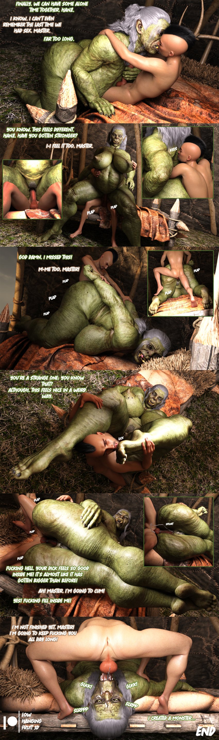 1girls 3d 3d_(artwork) areolae bed big_breasts chubby chubby_female cleavage climax comic comic_page cum cum_in_pussy cum_inside cum_on_penis daz3d daz_3d daz_studio dialogue doggy_style duo end_page face_fucking feet female french_kiss gilf granny gray_hair green_skin human_male interspecies large_ass leggings licking light-skinned_male light_skin lowhangingfruit3d_(artist) male male/female mature_female monster muscular_female nipple_piercing nipples old older older_female orc orc_female pussy sex squatting thick_ass thick_thighs tongue_out vulta_(lhf3d)