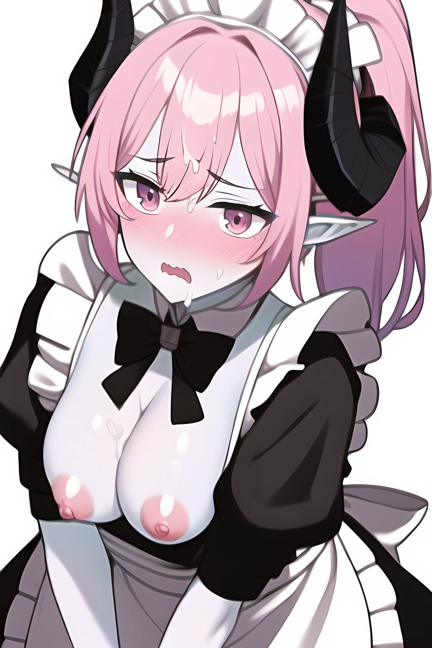 1girls 2023 ai_generated anime_nose areolae blush breasts breasts_out demon_girl demon_horns elf_ears female horned_female horned_humanoid horns maid maid_headdress maid_uniform mobile_legends mobile_legends:_adventure mobile_legends:_bang_bang nipples pointy_ears selena_(mobile_legends) solo sweat