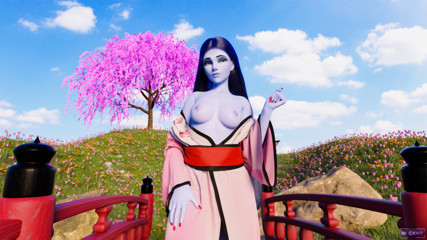 16:9 1girls 3d 61cent amelie_lacroix areolae blender blizzard_entertainment bra_removed breasts breasts_out bridge clothed clothing dark_blue_hair detailed_background female female_focus female_only highres long_hair medium_breasts nipples no_bra outdoors outside overwatch overwatch_2 pose posing presenting presenting_breasts purple_body purple_skin red_nail_polish red_nails solo solo_female solo_focus standing watermark widescreen widowmaker yellow_eyes