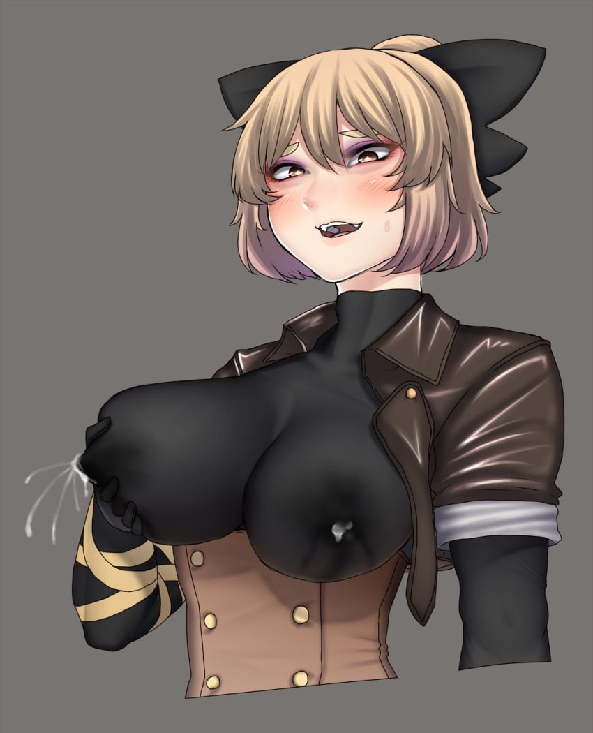 blonde_hair breast_fondling breast_grab fully_clothed lactating lactation lactation_through_clothes large_breasts nicutoka solo_focus touhou yamame_kurodani