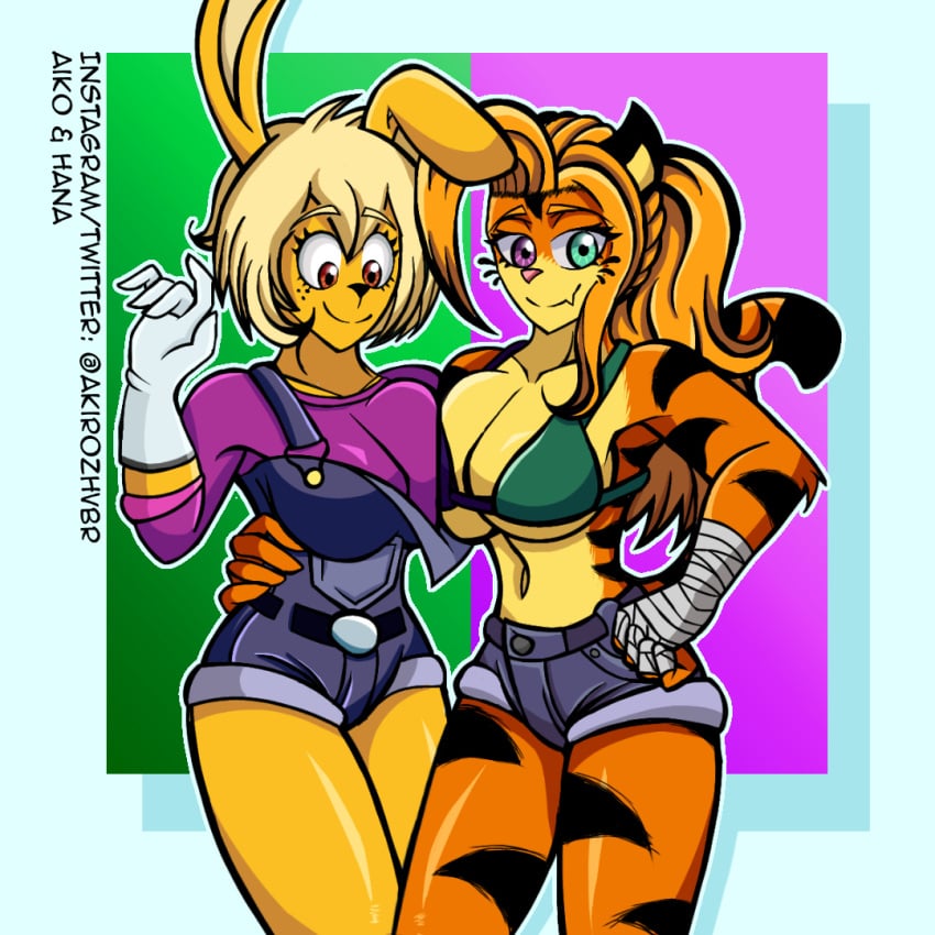 2girls anthro big_breasts big_butt big_thighs bunny_girl furry heterochromia ponytail rabbit_girl red_eyes rule_63 short_hair tiger_girl winnie_the_pooh_(franchise) yadfa_shippai