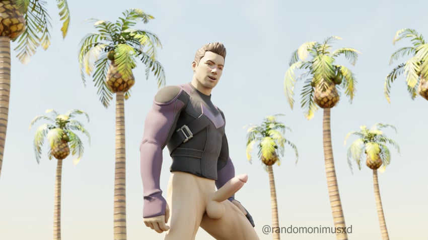 3d blender clint_barton erection fortnite fortnite:_battle_royale hawkeye looking_at_viewer male_focus male_only marvel muscular_male outdoors penis precum randomonimusxd teasing_viewer