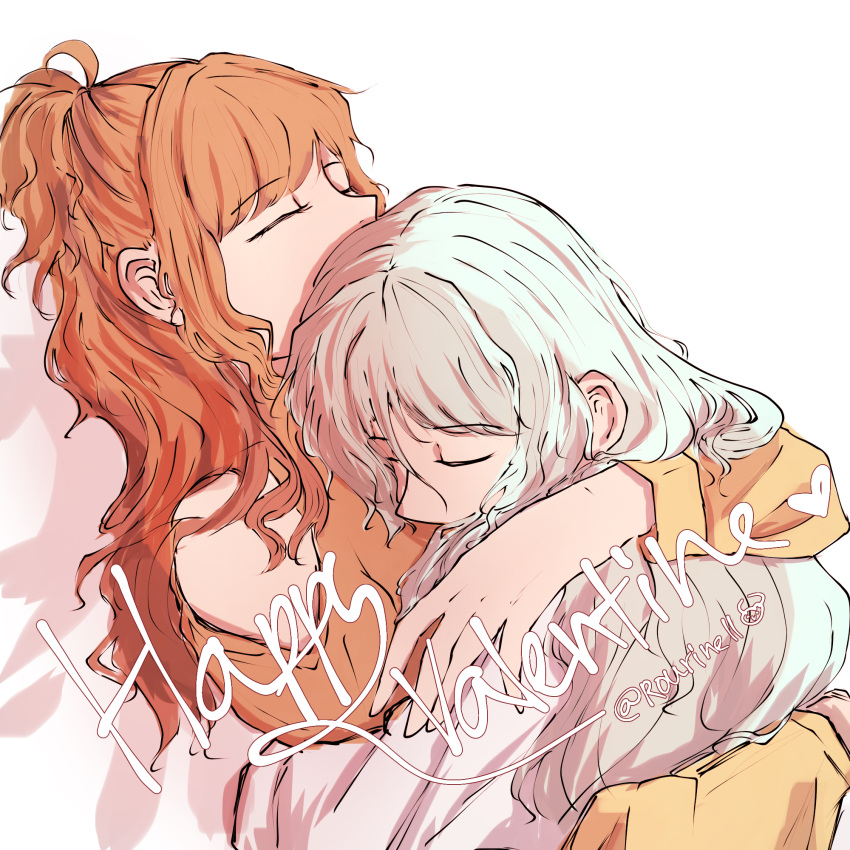 2girls bang_dream! bangs female female_only ginger ginger_hair happy_valentine hikawa_sayo hug hugging imai_lisa light-skinned_female light_skin red_hair rounell valentine's_day white_hair wholesome yuri