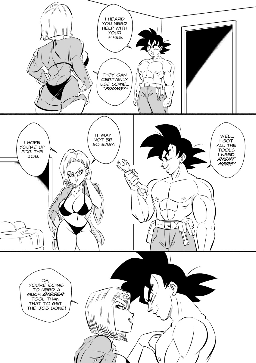 alternate_universe android_18 ass_cleavage big_breasts black_eyes black_hair bra butt_crack comic dragon_ball dragon_ball_z funsexydragonball monochrome panties porn_dialogue son_goku straight