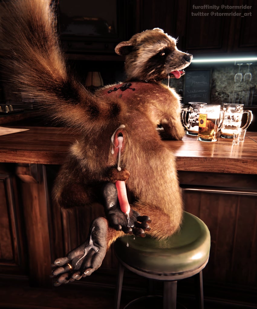 3d_(artwork) absurd_res alcohol ass beverage blender_(software) bodily_fluids claws cum cum_on_butt cum_on_face cum_on_feet digit_ring digital_media_(artwork) foot_fetish genital_fluids guardians_of_the_galaxy hi_res hindpaw jewelry male male/male mammal marvel paws precum procyonid raccoon ring rocket_raccoon solo stormrider toe_ring