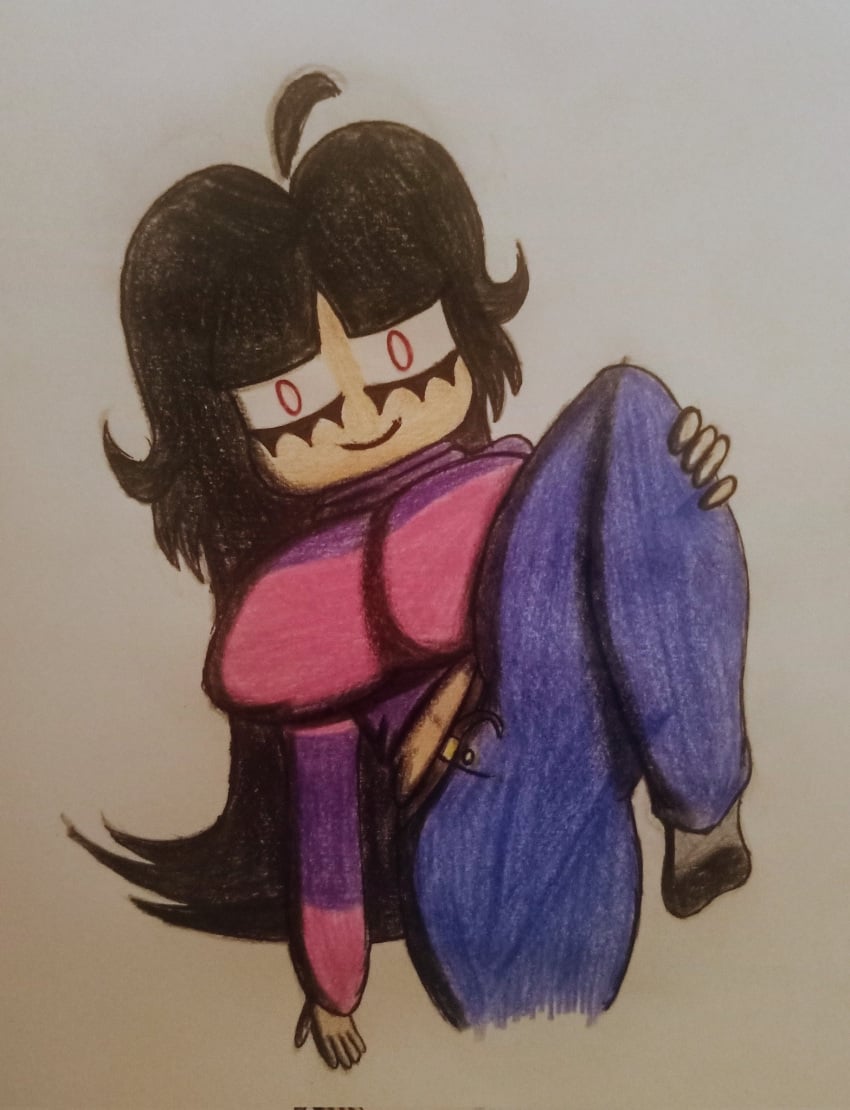 1girls belly belly_button belt belt_buckle black_hair crayon_(artwork) death_stare jeans krala_ulti lifting lifting_leg needlemouse_(series) red_eyes sarah_henderson_(needlemouse) stare staring_at_viewer sweater tight_clothing