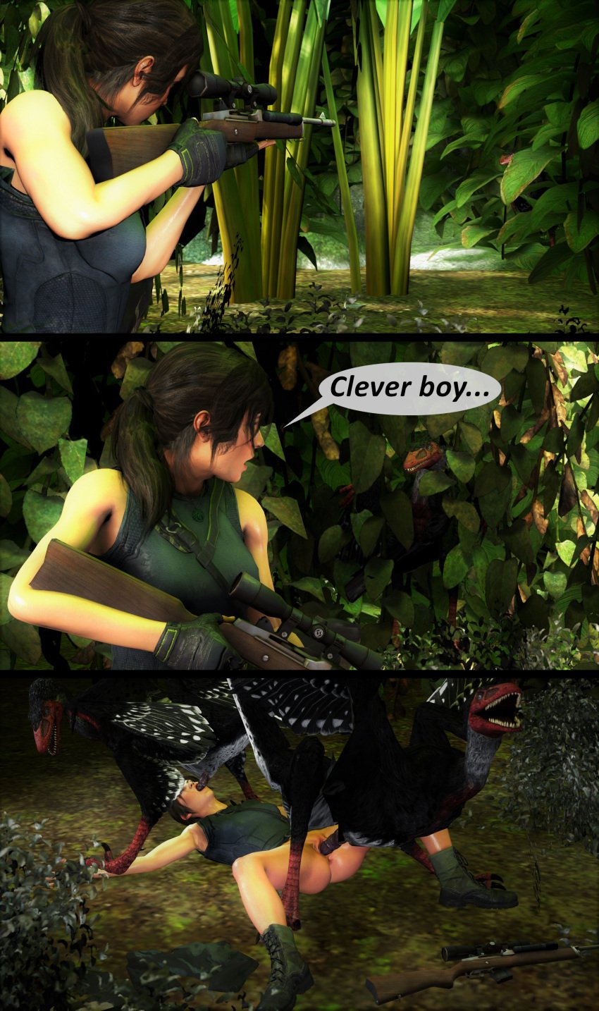 1girls 3_panel_comic 3d 3koma ambush ambush_(trap) avian black_feathers brown_eyes brown_hair crossover dinosaur feathered_dinosaur feathers forced group group_rape group_sex held_down jungle jurassic_park lara_croft lara_croft_(survivor) leaves long_penis mktrreekky on_back parody parody_comic pussy rape raptor rifle sex source_filmmaker threesome tomb_raider tomb_raider_(survivor) vaginal_penetration velociraptor zoophilia