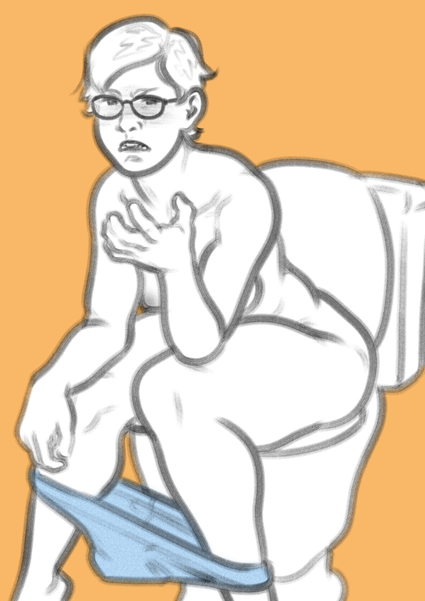 1girls angry_face breasts deltoid_deltoid female glasses short_hair sitting_on_toilet toilet underwear