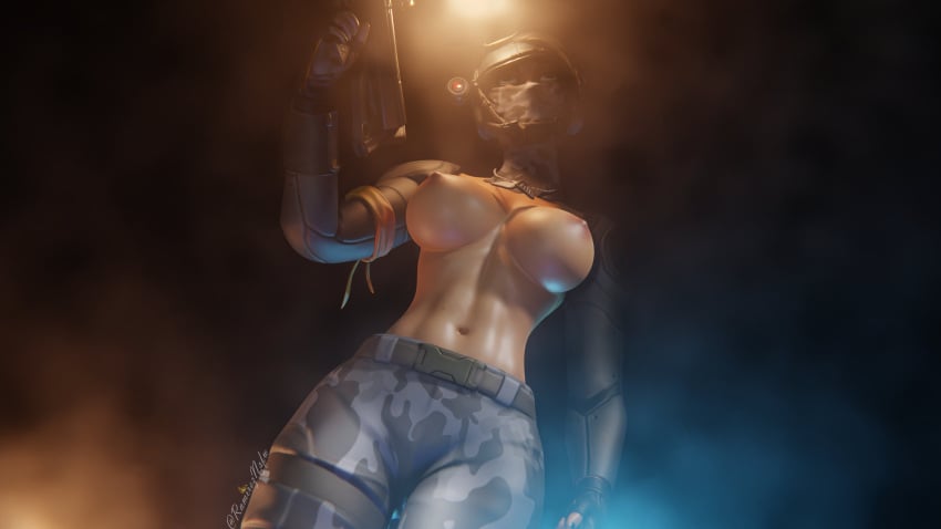 armwear big_breasts breasts elite_agent female female_only fortnite gun looking_up mask masked masked_female only_female pants partially_clothed partially_clothed_female ramireznsfw solo_female tagme