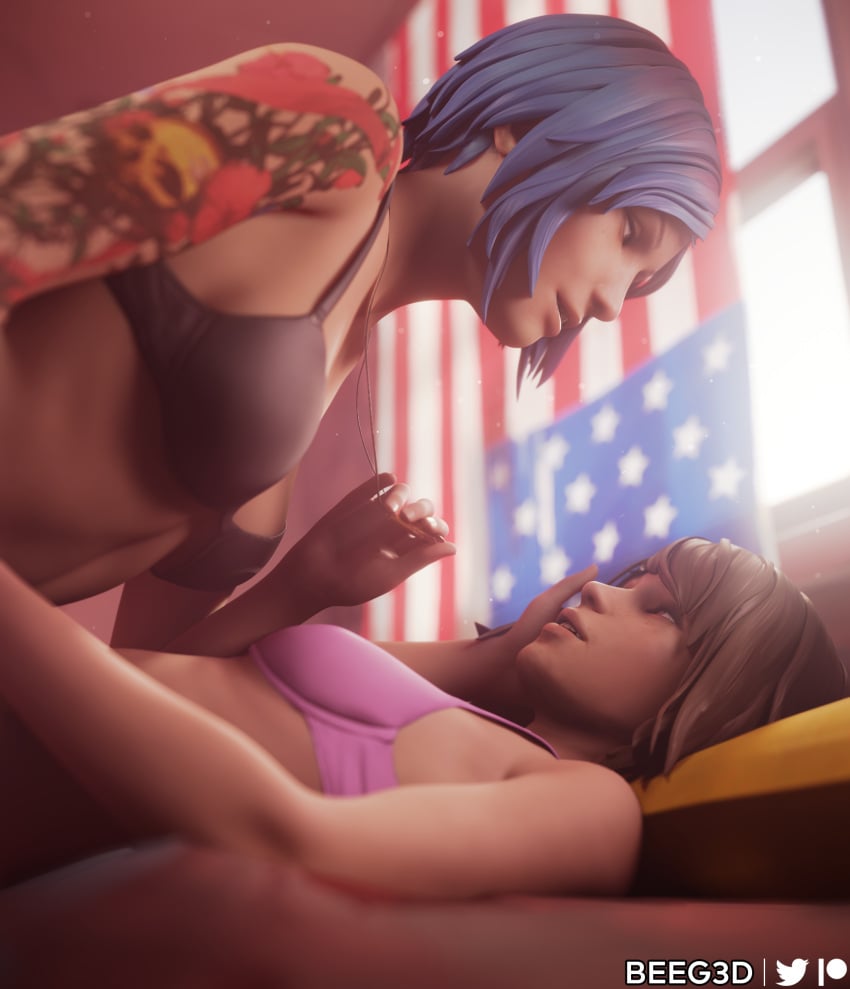 2girls 3d american_flag beeg3d blue_hair bra brown_hair chloe's_bedroom chloe_price female female_only life_is_strange light-skinned_female max_caulfield necklace small_breasts tattoo wholesome yuri