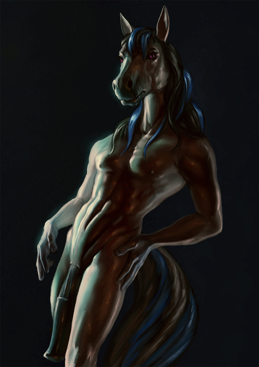 2021 abs anatomically_correct anatomically_correct_genitalia anatomically_correct_penis animal_genitalia animal_penis anthro asher_(artist) biceps big_penis black_background black_hair black_penis blue_highlights equid equine equine_genitalia equine_penis fingernails front_view genitals glistening glistening_genitalia glistening_hair glistening_penis hair half-erect hand_on_hip hi_res highlights_(coloring) horse huge_cock light lighting long_penis looking_at_viewer male mammal medial_ring muscular muscular_male nails navel nipples nude pecs penis pink_eyes portrait pose simple_background snout solo solo_male standing three-quarter_portrait three-quarter_view two_tone_tail v-cut