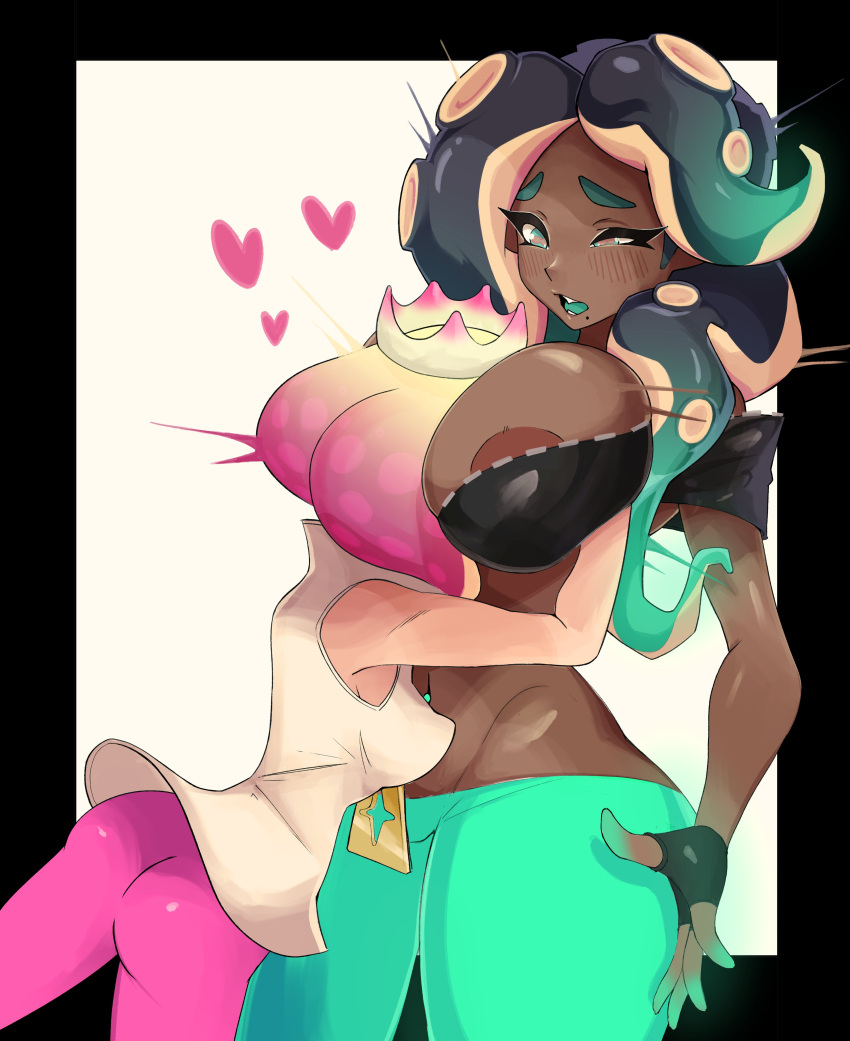 2girls aidancore areola_slip areolae breast_size_difference breasts chocolate_and_vanilla clothed crop_top dark-skinned_female dark_skin female head_between_breasts huge_breasts inkling large_areolae light-skinned_female light_skin long_hair marina_(splatoon) medium_breasts motorboating nintendo nipples octoling off_the_hook_(splatoon) pearl_(splatoon) short_hair slim_waist splatoon splatoon_(series) splatoon_2 tentacle_hair thick_thighs wholesale yuri