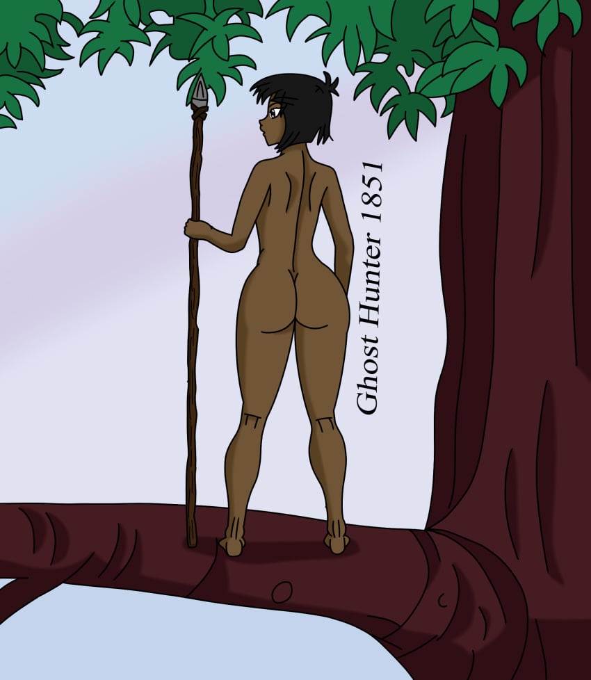 1boy black_hair completely_nude dark-skinned_femboy dark-skinned_male dark_skin exhibitionism exhibitionist femboy ghosthunter1851(artist) literature male male_only melanin mowgli naked nude nude_male outdoors outside public_domain solo spear teen_boy the_jungle_book wide_hips young younger_male