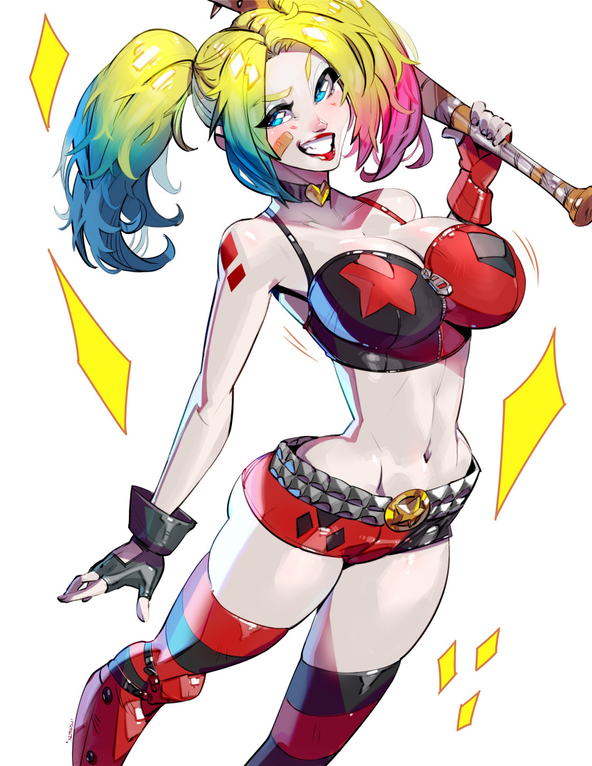 1girls 2021 absurd_res bandaid bandaid_on_cheek baseball_bat batman_(series) blonde_hair blue_eyes blue_highlights blush dc dc_comics female female_only fully_clothed harley_quinn long_hair looking_at_viewer pink_highlights red_lipstick smiling smiling_at_viewer solo teeth_showing three_tone_hair twintails white_background white_skin xdtopsu01