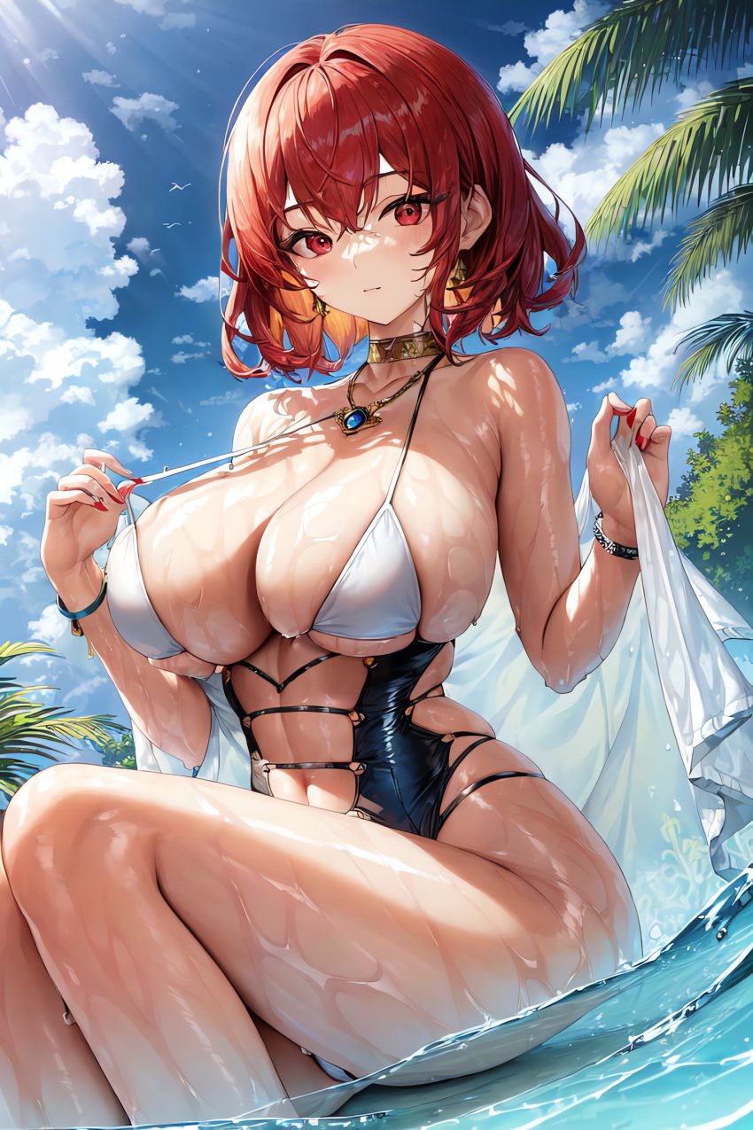 1girls 2023 ai_generated ai_hands anime_nose big_breasts bikini black_and_white_bikini black_swimsuit blue_sky bracelet choker cleavage clothed clothed_female curvaceous curvy curvy_body curvy_female curvy_figure eyelashes female female_focus female_only hair_between_eyes hand_under_swimsuit hi_res human large_breasts legs legs_together medium_hair nautre necklace nipples_covered one-piece_swimsuit outside red_eyes red_hair seductive_look short_hair sitting sole_female solo_female stable_diffusion swimsuit swimwear undercolor_(hair) voluptuous voluptuous_female water wet wet_body wet_skin white_swimsuit