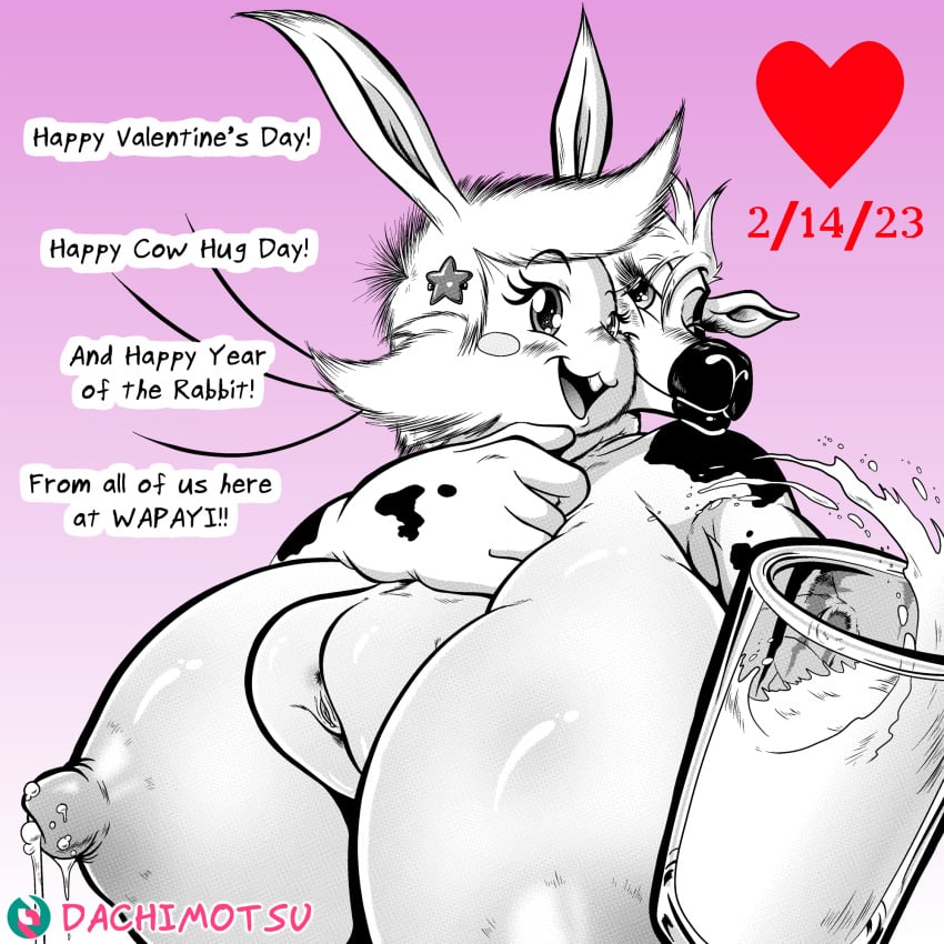 accessory animal_humanoid anthro anus beer_glass beer_mug big_breasts black_and_white blush bodily_fluids body_between_breasts bottomwear bovid bovid_humanoid bovine bovine_humanoid breasts cattle_humanoid cheek_tuft chinese_zodiac clothing cow_hug_day dachimotsu duo embrace english_text facial_tuft female genitals hair_accessory heart hi_res holidays hug huge_breasts humanoid lactating lagomorph lagomorph_humanoid leporid_humanoid mammal mammal_humanoid milk mono_(dachimotsu) monochrome pussy rabbit_humanoid screentone skirt text tuft valentine's_day we're_a_party_and_you're_invited! whiskers year_of_the_rabbit