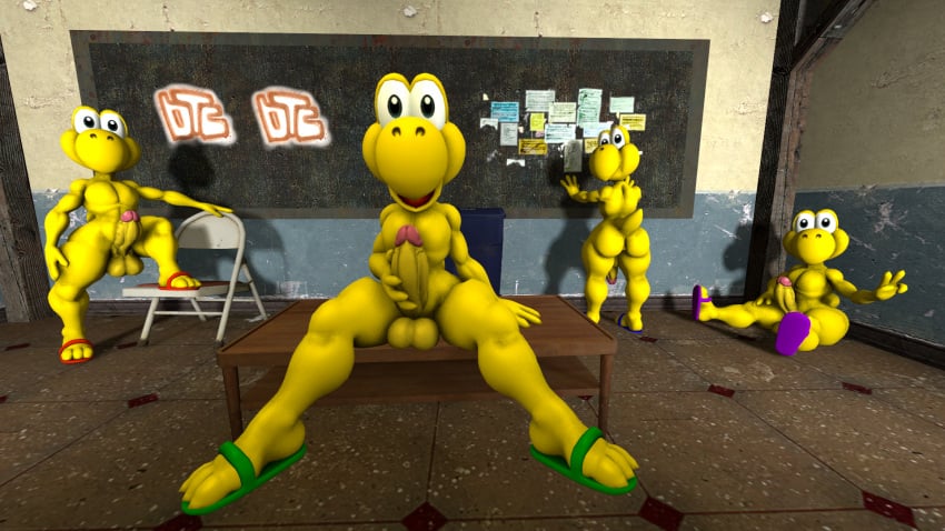 3d_(artwork) anonymous_artist anthro anus ass balls blue_koopa_troopa chair clothing digital_media_(artwork) feet fingers footwear furniture genitals green_koopa_troopa group hi_res humanoid_genitalia humanoid_penis koopa koopa_troopa male mario_(series) masturbation nintendo nude peace_sign penis red_koopa_troopa reptile sandals scalie short_tail source_filmmaker tail toes unknown_artist v vein veiny_penis yellow_body