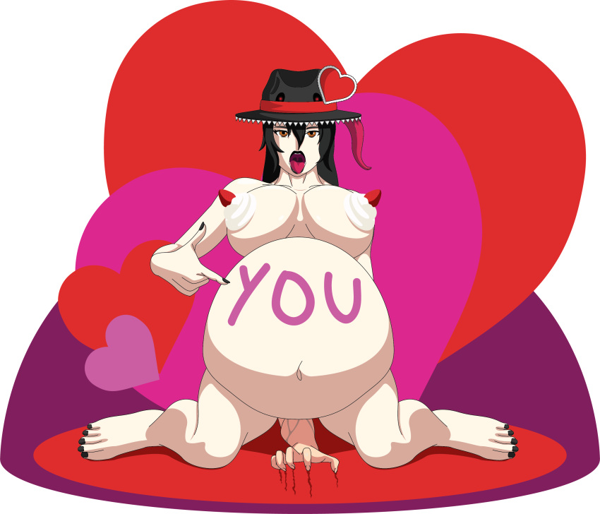 black_hair body_writing english_text hat_mimic mimic_hat orange_eyes same_size_unbirth shibekutaato_(artist) soft_vore struggling_prey unbirth unbirthing unwilling_prey valentine's_day voka_vorewitch vore whipped_cream witch