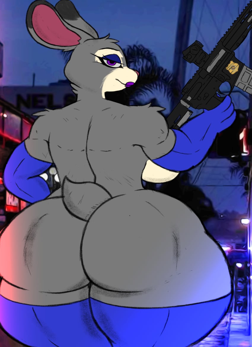 anthro armwear ass big_breasts breasts darkandlife2 disney female gun hi_res judy_hopps lagomorph large_breasts legwear leporid lipstick looking_at_viewer makeup mammal night nude police purple_eyes rabbit ranged_weapon rear_view scut_tail short_tail side_view solo stockings tail thick_thighs weapon zootopia