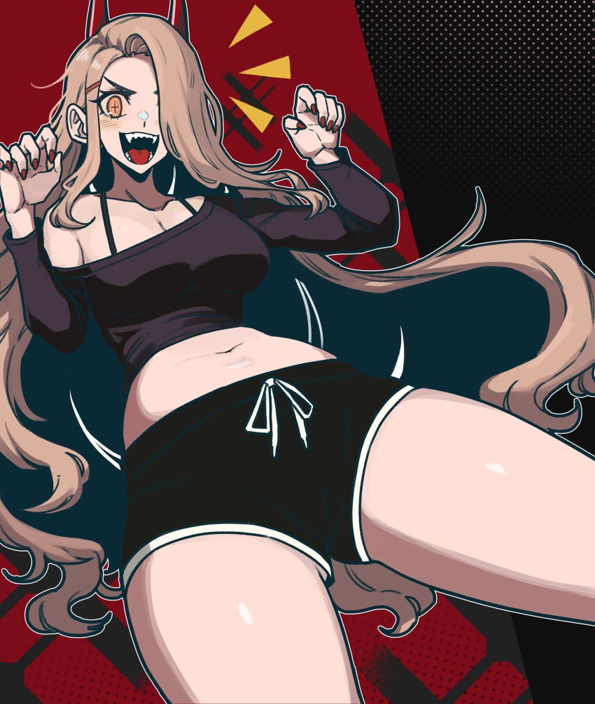 2020s 2023 anime big_breasts blonde_hair bra_strap breasts chainsaw_man clothing demon demon_girl demoness dolphin_shorts drawstring_bottomwear drawstrings exposed_midriff fangs female gym_shorts hair_covering_eye horns light-skinned_female light_skin long_hair long_sleeves manga painted_nails power_(chainsaw_man) powtaytow3333 red_nail_polish sharp_teeth shiny_hair shiny_skin shorts solo solo_female teenage_girl teenager thick_thighs tomboy topwear two_tone_bottomwear two_tone_bottomwear_(black&white)